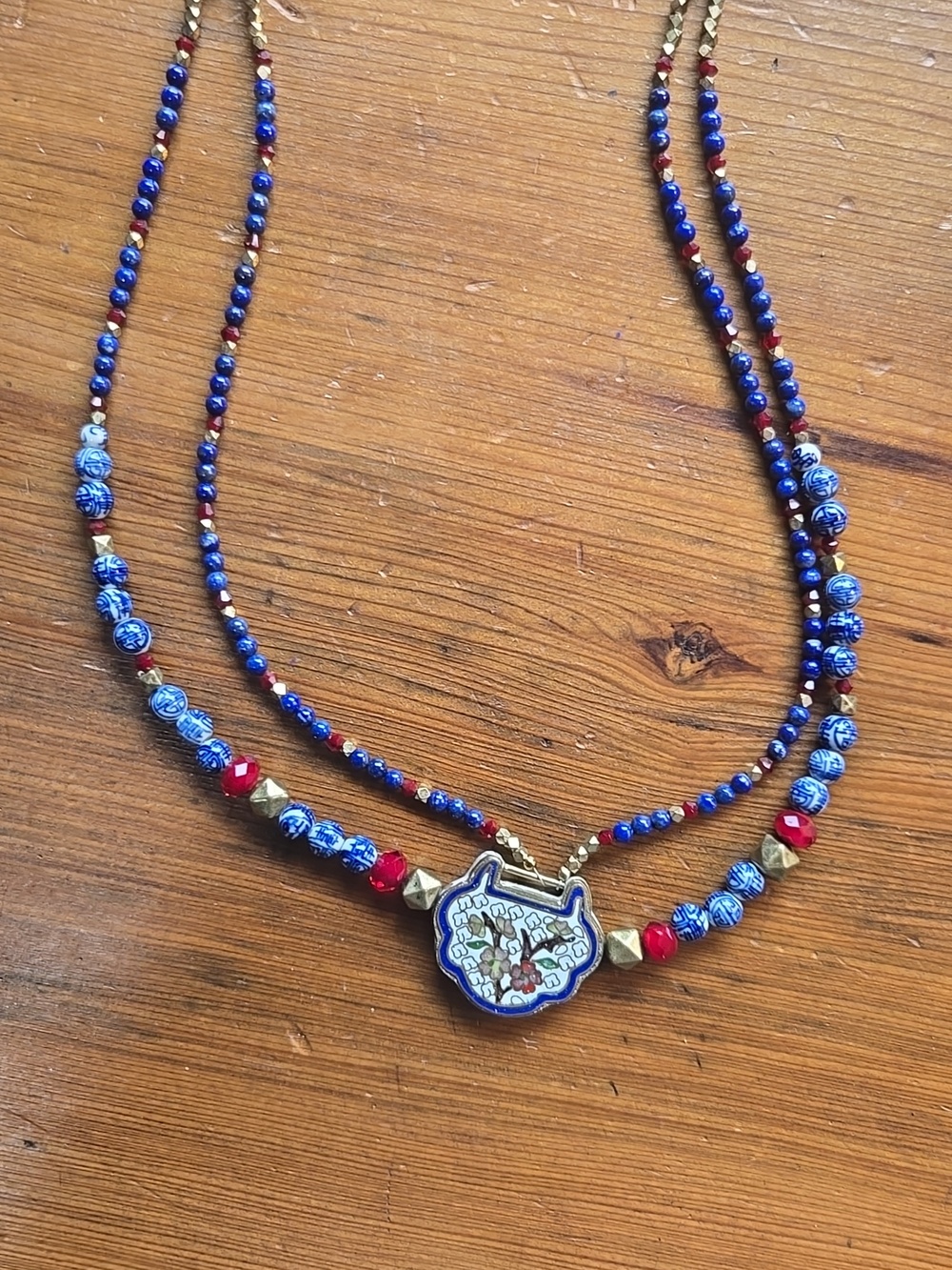 Handcrafted Blue and Red Beaded Pendant Necklace